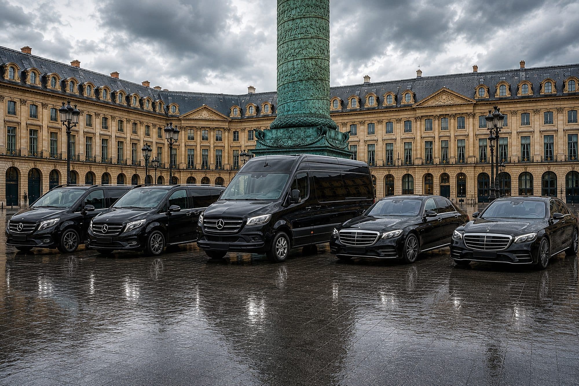 Flotte de Mercedes noires WINAY stationnée place Vendôme à Paris